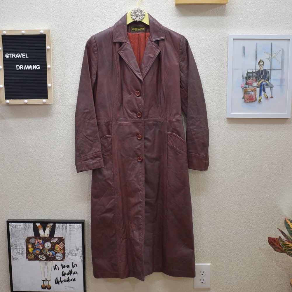 Vintage 70s Leather Burgundy Trench Coat
